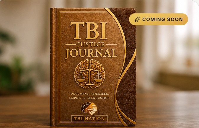 TBI Justice Journal™ — premium hardcover book with gold detail and Coming Soon badge