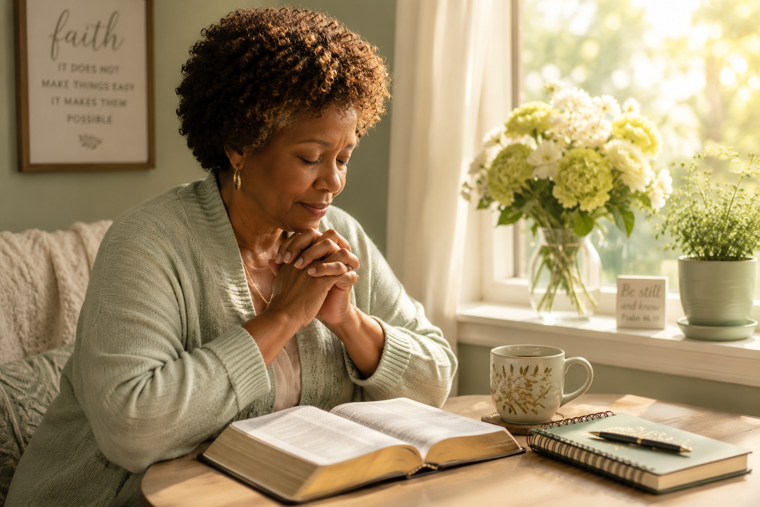 A Black mother with natural curly hair praying with folded hands beside an open Bible, coffee mug, journal, pen, and vase of flowers in warm morning light.