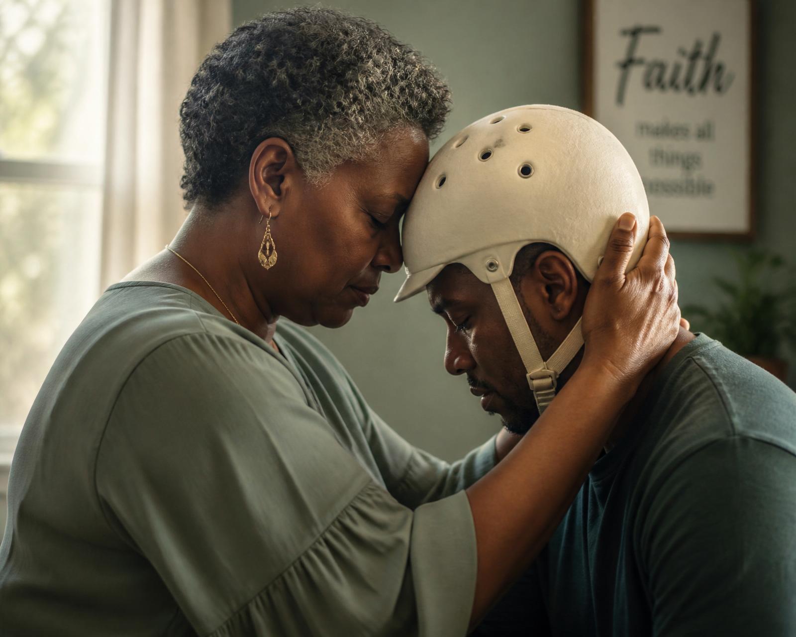 A mother tenderly rests her forehead against her adult son's, who wears a soft protective helmet after a traumatic brain injury, sharing a quiet moment of prayer.